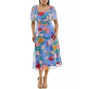 Nina Leonard Flutter Sleeve Floral Midi Dress Women's Size Medium Boho Indie